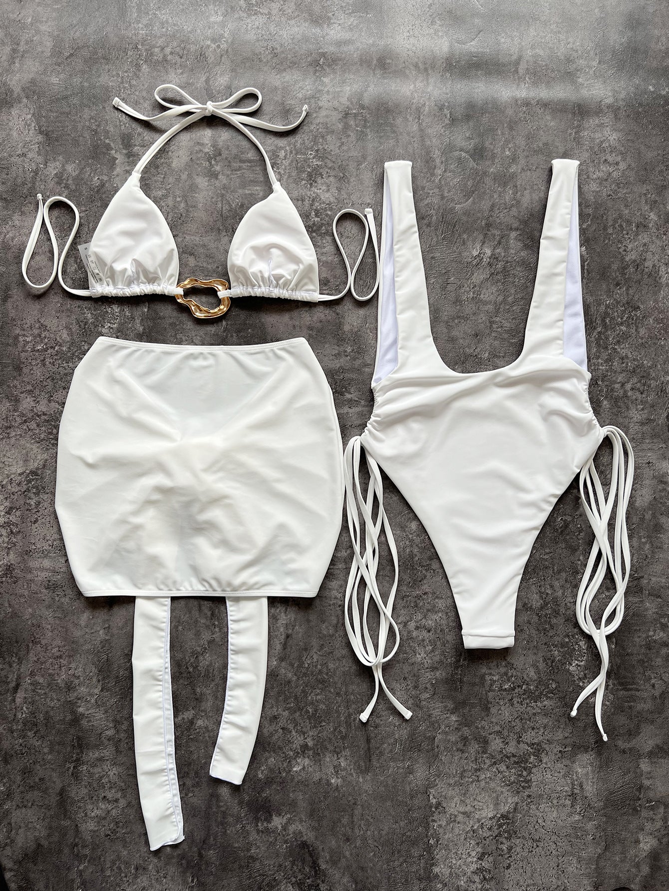 Womens Lace Up Bandage Three Piece Bikini with Metal Buckle Detail | noémi