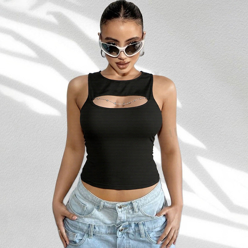 Cutout Black Sleeveless Tank Top | Bold Keyhole Detail with Rhinestone Chain | noémi