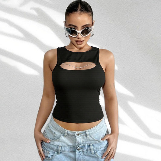 Cutout Black Sleeveless Tank Top | Bold Keyhole Detail with Rhinestone Chain | noémi