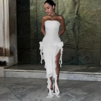 Wrapped Chest Lace Stitch Mid Length Split Dress | noémi