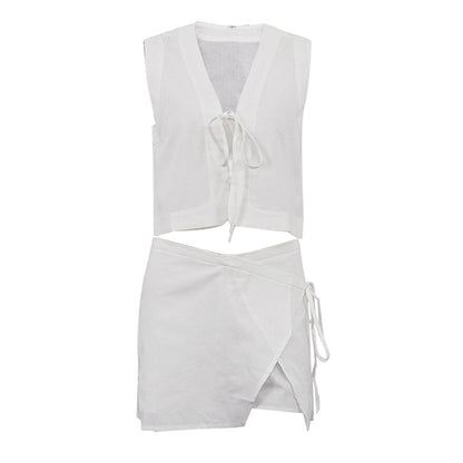 Sleeveless Waistcoat Lacing Cross Top Two Piece Set | Pantskirt | noémi