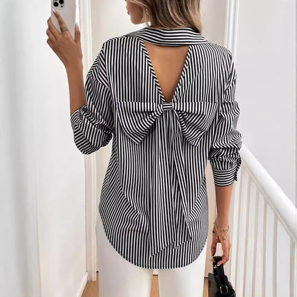Striped Button Up Shirt with Back Bow Front Detail | Long Sleeve | noémi