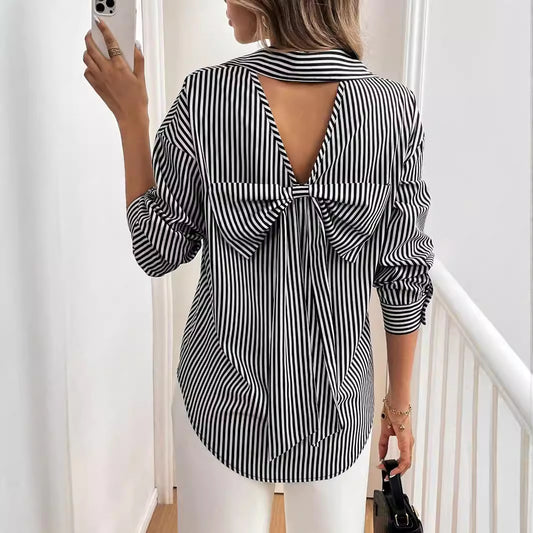 Striped Button Up Shirt with Back Bow Front Detail | Long Sleeve | noémi