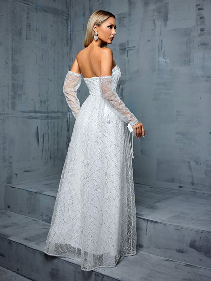 Off Shoulder White Wedding Dress | Backless Slit Gown with Sheer Sleeves | noémi