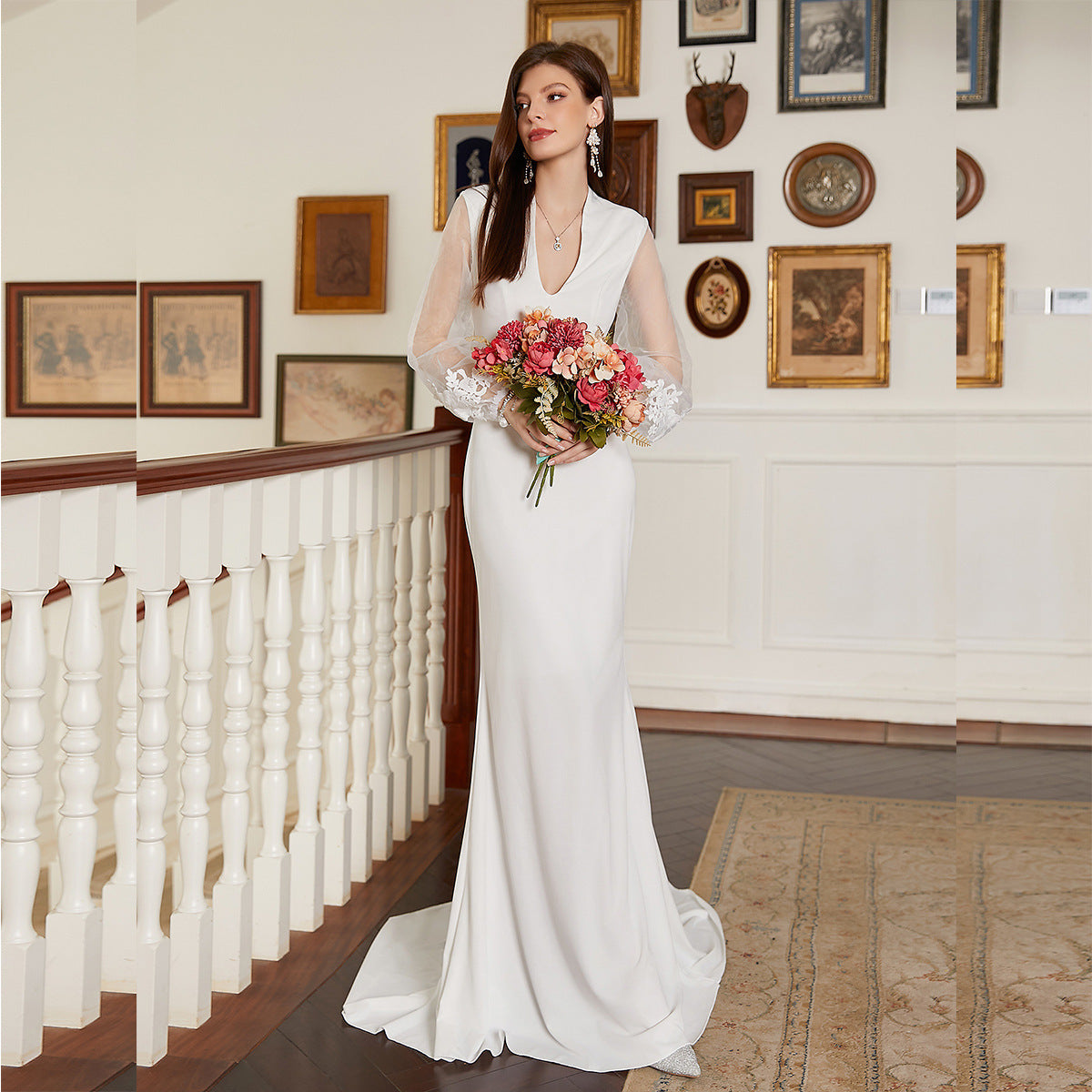 Slim Fit V Neck Dress | Long Sleeve Small Train | Cocktail Gown | noémi