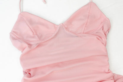 Halter Mini Dress | Ruched Mesh Bodycon in Blush Pink | noémi