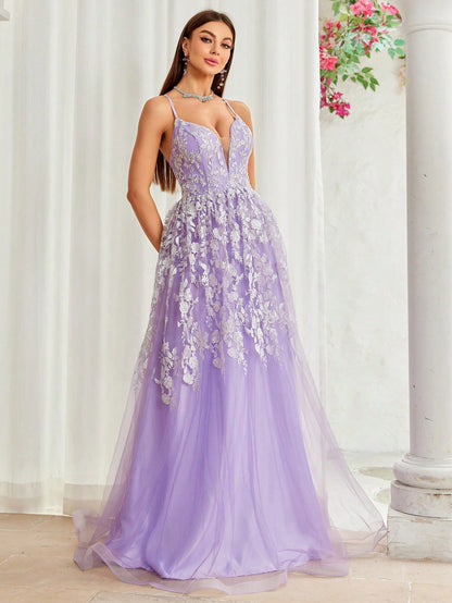 Lavender Lace Embroidered Tulle Gown | Corset Bodice | noémi