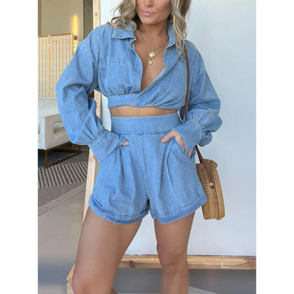 Womens Denim Shirt Shorts Set | Deep V Plunge Long Sleeve | noémi