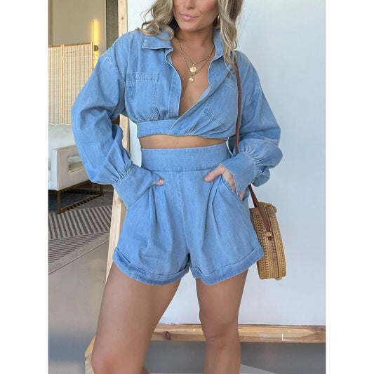 Womens Denim Shirt Shorts Set | Deep V Plunge Long Sleeve | noémi