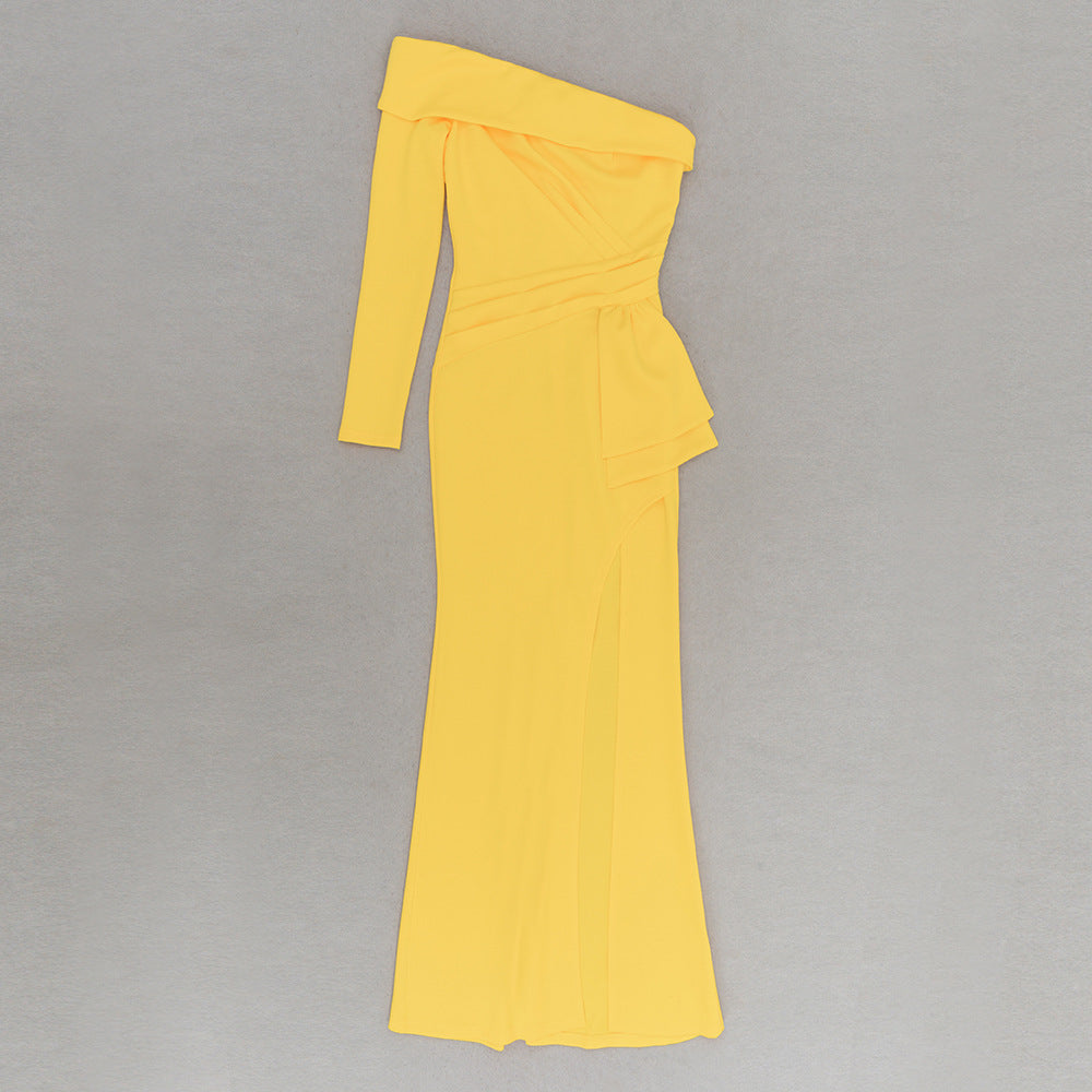 One Shoulder Diagonal Collar Split Hem Bodycon Dress | noémi