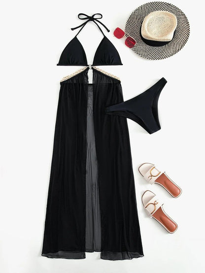 Three Piece Swimsuit Set | Sheer Split Skirt & Gold Chain Detail | noémi