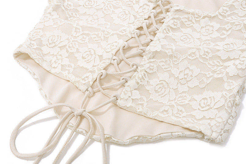 Lace Two Piece Set | Cream Ruched Crop Top & Fishtail Maxi Skirt with Corset Back | noémi