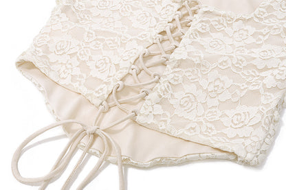 Lace Two Piece Set | Cream Ruched Crop Top & Fishtail Maxi Skirt with Corset Back | noémi