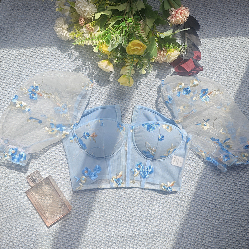 Mesh Lace Embroidery Corset Top with Puff Sleeves and Boning Support | noémi