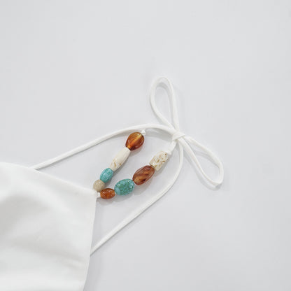 White Halter Tie Back Top with Gemstone Beaded Neck | noémi