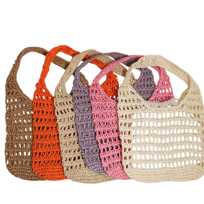 Large-Capacity Pink Straw Shoulder Tote Bag – Hollow-Out Woven Beach Carryall | noémi