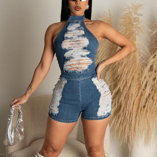 Denim Halter Tassel Jumpsuit | Beggar Style Dress | noémi