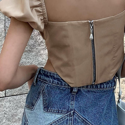 Solid Color Patchwork Backless Pleated Zipper Short Sleeve Top | noémi