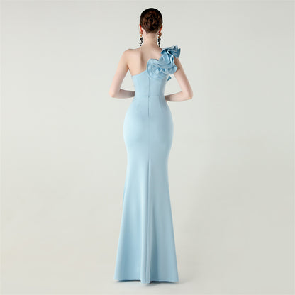 Womens One Shoulder Satin Gown | Floral Detail with High Slit | noémi