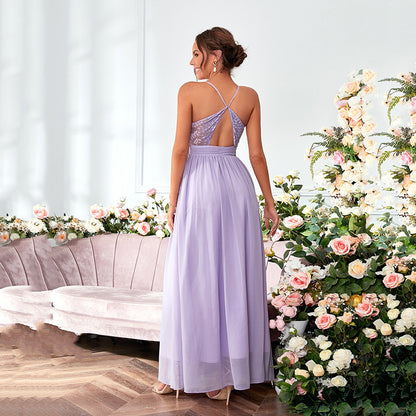 Lavender Spaghetti Strap Gown | Deep VNeck Satin Ball Gown for Women | noémi