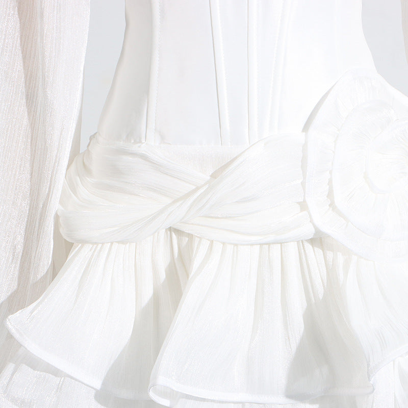 Womens V Neck Ruffled Dress with Puff Sleeves 3D Floral Design | noémi