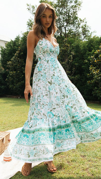 Womens Floral Maxi Dress | V Neck, Backless Lace Up | noémi