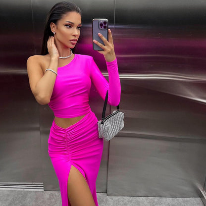 One Shoulder Pleated Cropped Dress | Split Mid Length | noémi