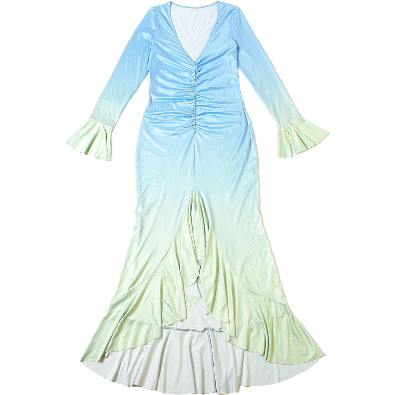 Ombré Ruched Mermaid Maxi Dress | Sky Blue to Mint Gradient with Fluted Sleeves | noémi