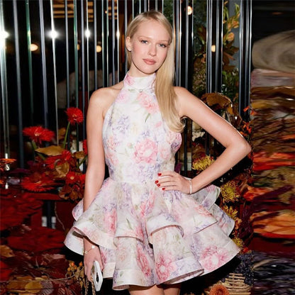 Backless Halter Mini Dress | Slim Fit Floral Print | noémi