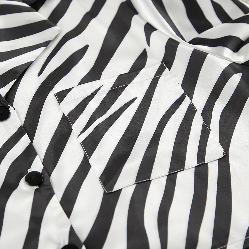 Satin Zebra Striped Pajama Set | Long Sleeve Cardigan High Waist Shorts | noémi