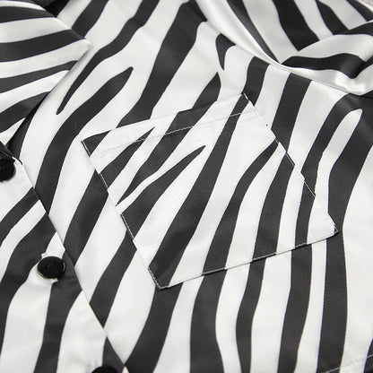 Satin Zebra Striped Pajama Set | Long Sleeve Cardigan High Waist Shorts | noémi