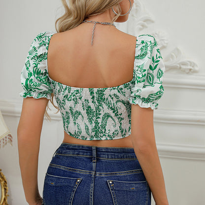 Printed Square Neck Puff Sleeve Smocked Short Vest Top | noémi