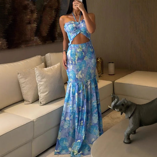 Halterneck Maxi Dress | Floral Print, Pleated Skirt | noémi
