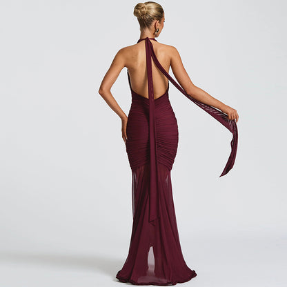 Womens Mesh Maxi Dress with V Neck Halter and Backless Design | noémi