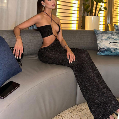 Silver Shimmer Cutout Gown | Backless Halter Maxi Dress with Metallic Glow | noémi