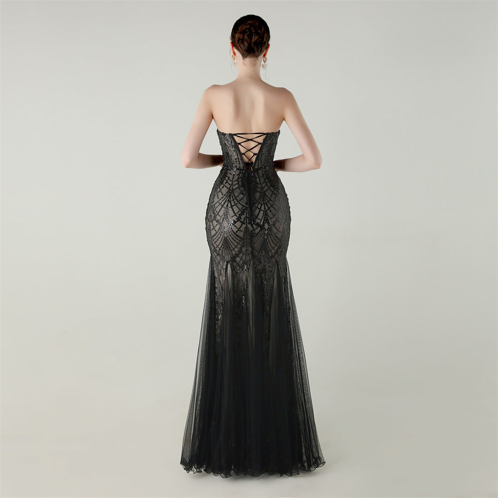 Strapless Beaded Sequin Mesh Dress | Cross Strap Floral Cocktail | noémi