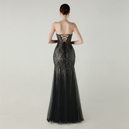 Strapless Beaded Sequin Mesh Dress | Cross Strap Floral Cocktail | noémi