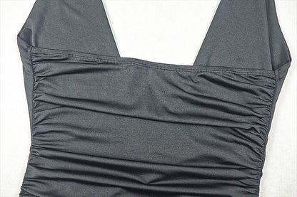 Womens Waist Slimming V Neck Pleated Draped Wrap Dress | noémi