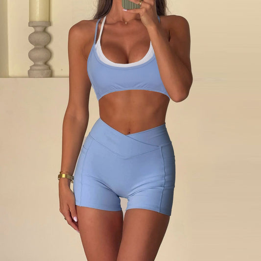 Faux Two Piece Contrast Sports Set | Womens V Waist Shorts & Racerback Bra | noémi