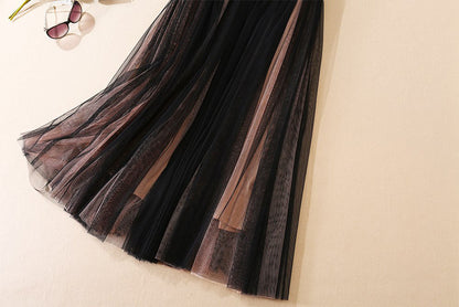 Double Breasted Green Collar Top Multi Layer Mesh Pleated Skirt Set | noémi