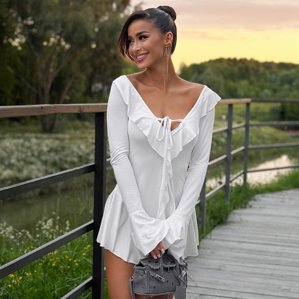 Womens Ruffled Pointed Collar Dress with Rope Tie and Bell Sleeves | noémi