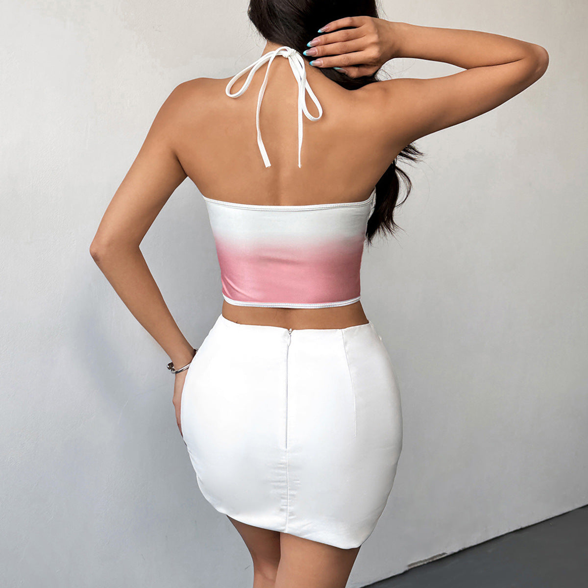 Gradient Lace Halter Top | Slim Fit Steel Ring Bustier Crop with Sheer Lace & Tie Back | noémi