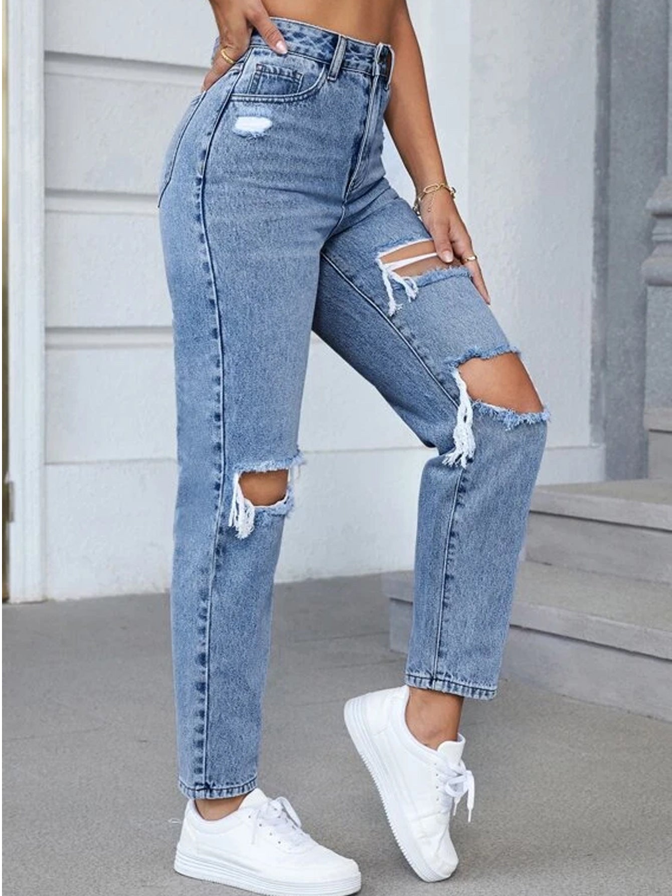 High Waisted Straight Leg Jeans | Light Wash Distressed Denim with Knee Cutouts & Vintage Fit | noémi