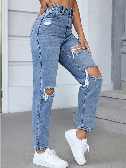 High Waisted Straight Leg Jeans | Light Wash Distressed Denim with Knee Cutouts & Vintage Fit | noémi
