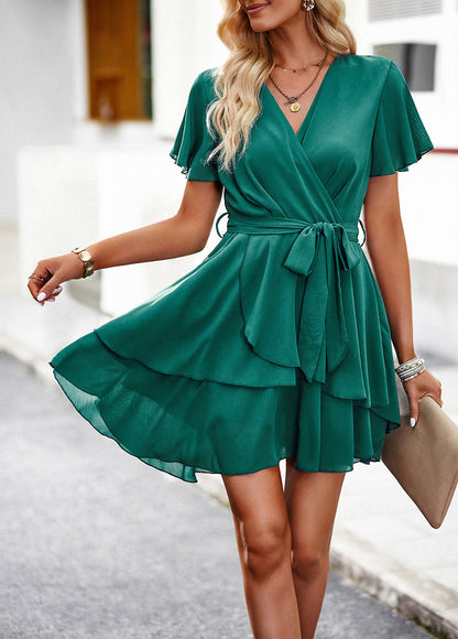Women’s Ruffle Wrap Mini Dress | VNeck Short Sleeve Tie Waist Dress | noémi