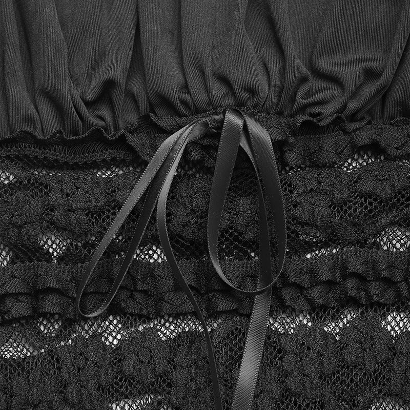 Black Ruched Lace Corset Crop Top | Adjustable Spaghetti Straps, Sheer Waist Camisole | noémi