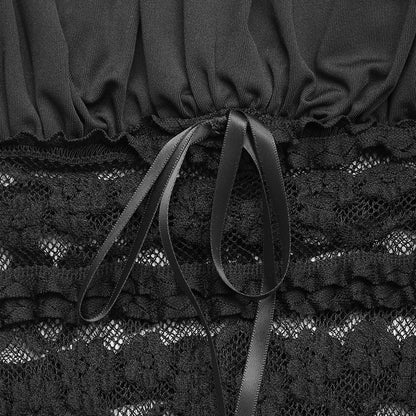 Black Ruched Lace Corset Crop Top | Adjustable Spaghetti Straps, Sheer Waist Camisole | noémi