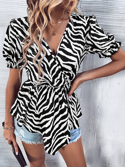 Womens Zebra Print Slimming Skinny Fit Ruffle Sleeve Top | noémi
