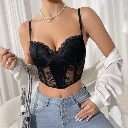 Sheer Lace Mesh Corset Bra with Boning and Suspender Straps for Women | noémi