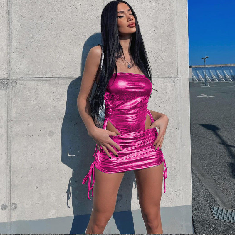 Metallic Coated Fabric Womens Fall Jumpsuit with Drawstring Waist Hip Skirt | noémi